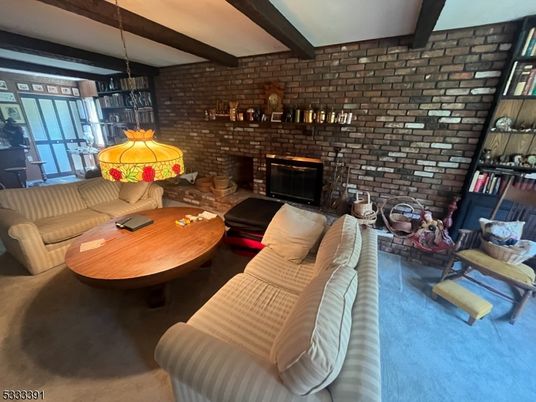 Fireplace, Interior, Living room, Pendant Lights, Stone Walls, Wooden Beams