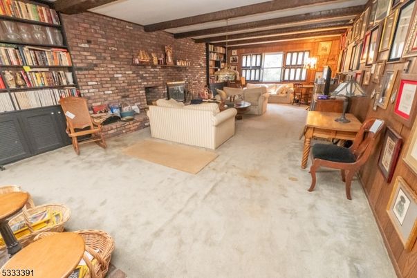 Dining room, Interior, Living room, Pendant Lights, Stone Walls, Wooden Beams