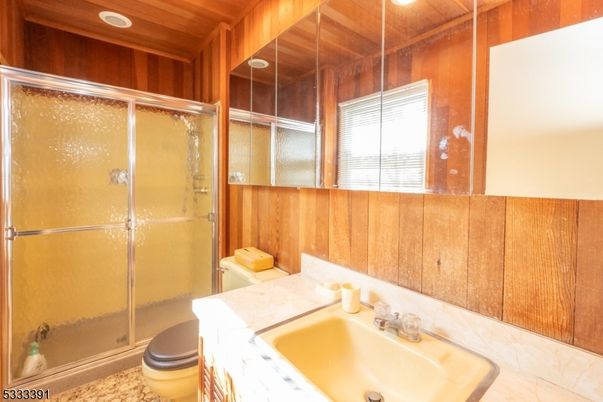 Bathroom, Glass Shower, Interior, Recessed Lighting, Wooden Walls