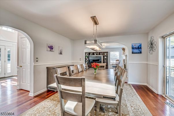 Dining room, Interior, Pendant Lights, Wood Texture Flooring