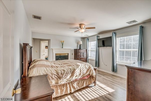Bedroom, Fireplace, Interior, Wood Texture Flooring