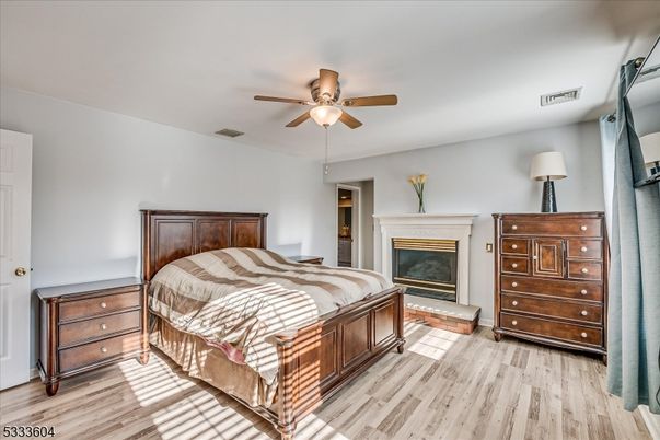 Bedroom, Fireplace, Interior, Wood Texture Flooring