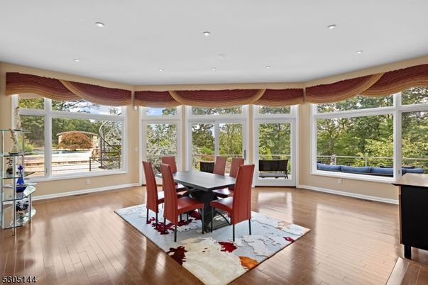 Dining room, Interior, Recessed Lighting, Wood Texture Flooring