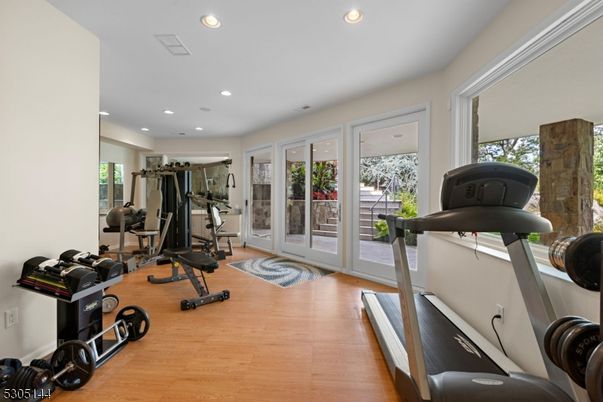 Fitness Equipment, Gym, Interior, Recessed Lighting, Wood Texture Flooring
