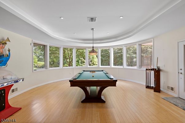 Billiard Table, Game Room, Interior, Pendant Lights, Recessed Lighting, Wood Texture Flooring