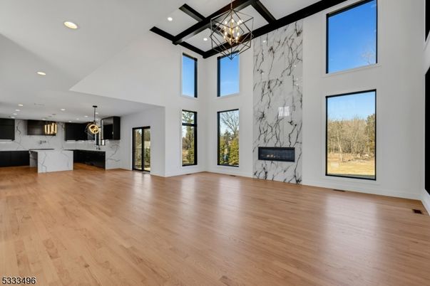 Interior, Kitchen, Marble Walls, Pendant Lights, Recessed Lighting, Wood Texture Flooring