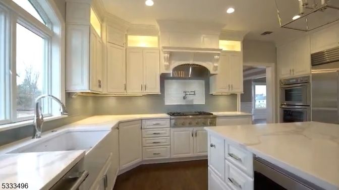 Chandelier, Interior, Kitchen, Recessed Lighting, Stainless Steel Appliances, Wood Texture Flooring