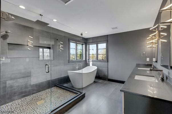Bathroom, Dual Sink Vanities, Free Standing Baths, Glass Shower, Interior, Recessed Lighting