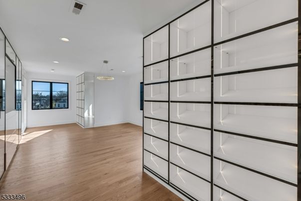 Chandelier, Empty room, Interior, Pendant Lights, Recessed Lighting, Wood Texture Flooring