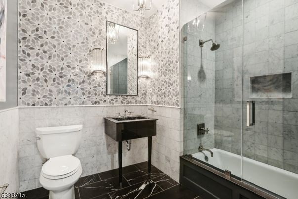 Bathroom, Glass Shower, Interior, Marble, Marble Walls, Pendant Lights