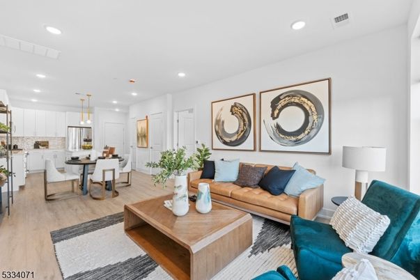 Dining room, Interior, Kitchen, Living room, Pendant Lights, Recessed Lighting, Stainless Steel Appliances, Wood Texture Flooring