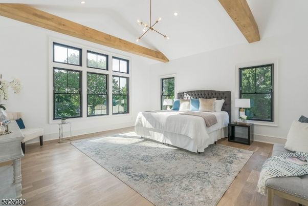 Bedroom, Interior, Pendant Lights, Wooden Beams, Wood Texture Flooring