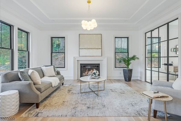 Fireplace, Interior, Living room, Pendant Lights, Wood Texture Flooring