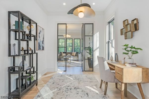 Home Office, Interior, Pendant Lights, Recessed Lighting, Wood Texture Flooring