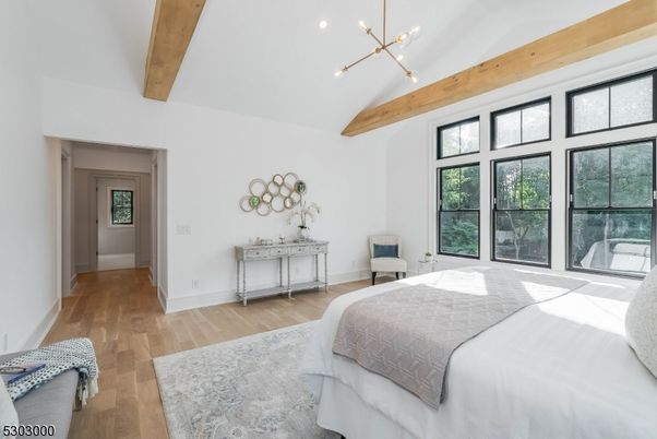 Bedroom, Interior, Pendant Lights, Wooden Beams, Wood Texture Flooring