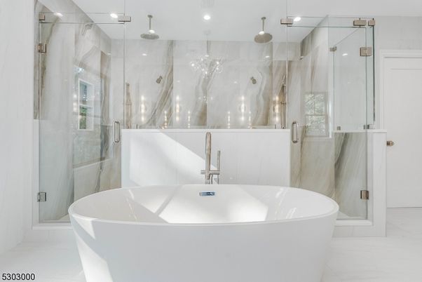Bathroom, Free Standing Baths, Glass Shower, Interior, Marble, Marble Walls, Recessed Lighting