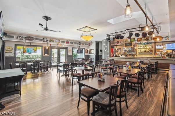 Dining room, Interior, Pendant Lights, Wood Texture Flooring