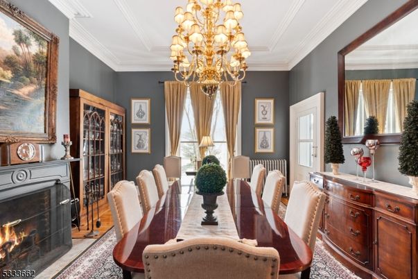 Chandelier, Dining room, Fireplace, Interior