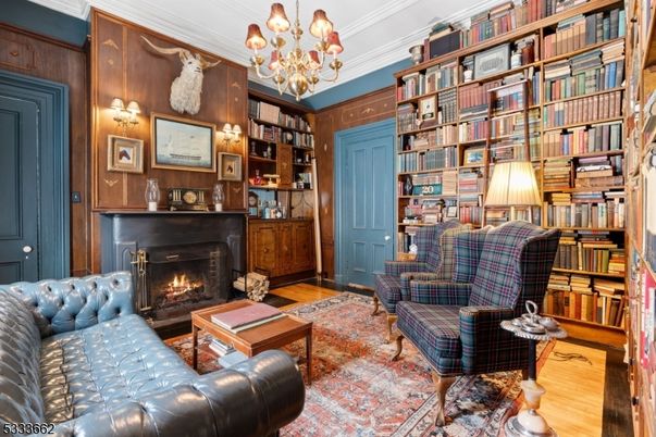 Chandelier, Fireplace, Interior, Living room, Wood Texture Flooring, Wooden Walls