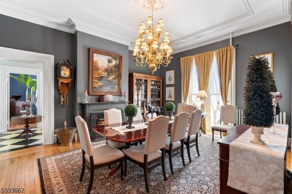 Chandelier, Dining room, Fireplace, Interior, Wood Texture Flooring