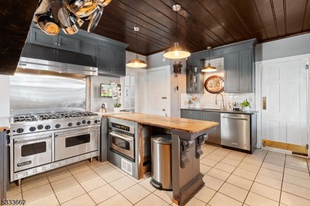 Interior, Kitchen, Pendant Lights, Stainless Steel Appliances, Wooden Ceilings