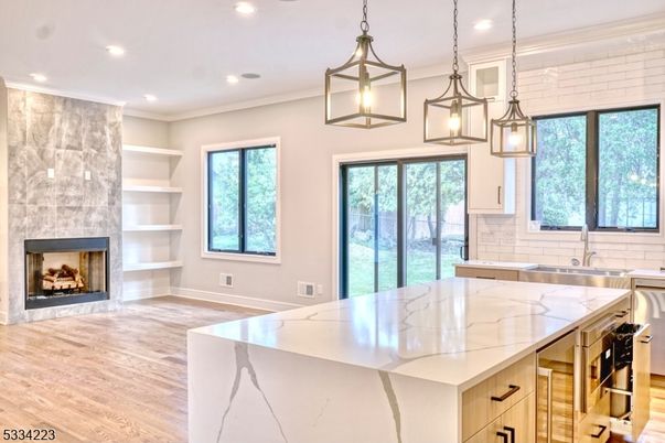 Fireplace, Interior, Kitchen, Pendant Lights, Recessed Lighting, Wood Texture Flooring