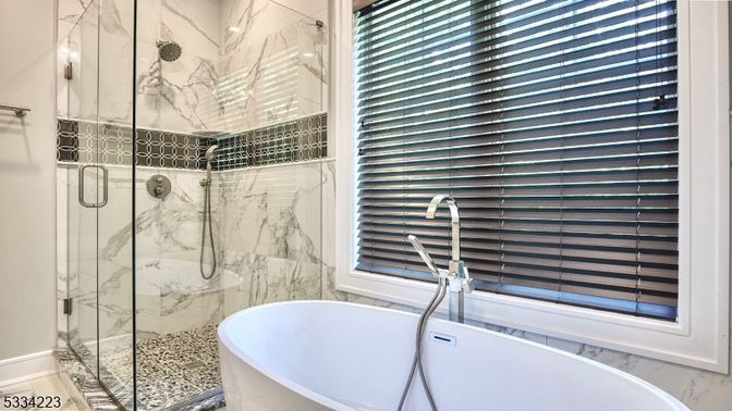 Bathroom, Free Standing Baths, Glass Shower, Interior, Marble Walls