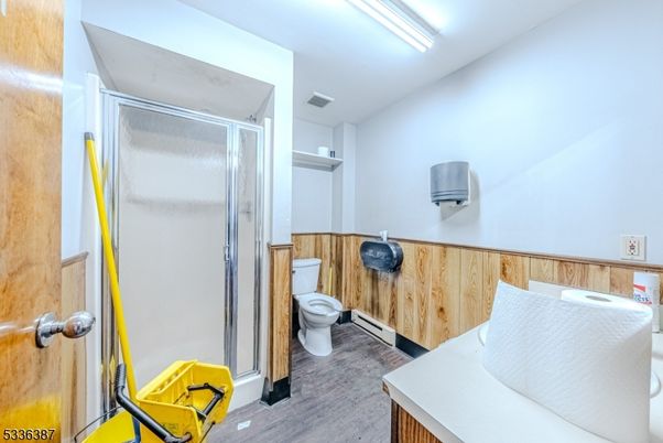 Bathroom, Glass Shower, Interior, Wood Texture Flooring, Wooden Walls