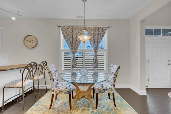 Dining room, Interior, Pendant Lights, Wood Texture Flooring