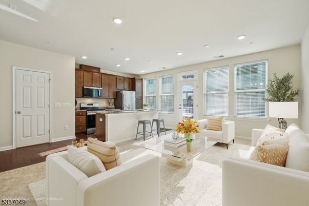 Interior, Kitchen, Living room, Recessed Lighting, Stainless Steel Appliances, Wood Texture Flooring