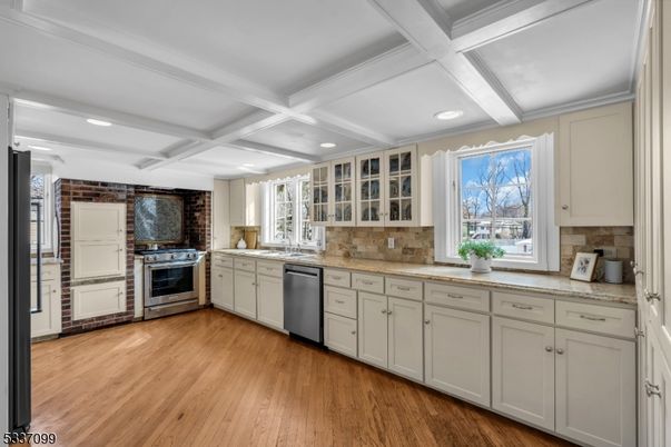 Interior, Kitchen, Recessed Lighting, Stainless Steel Appliances, Stone Walls, Wood Texture Flooring
