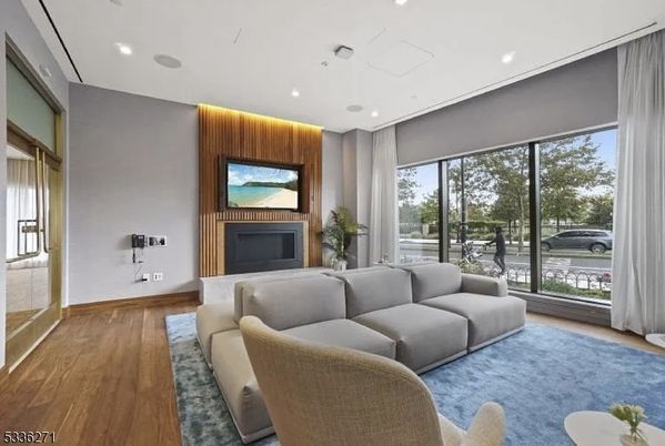 Fireplace, Interior, Living room, Recessed Lighting, Wood Texture Flooring, Wooden Walls
