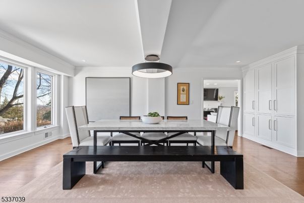 Dining room, Interior, Pendant Lights, Recessed Lighting, Wood Texture Flooring