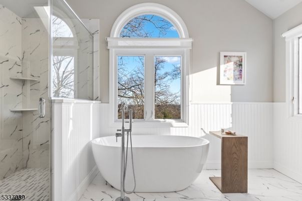 Bathroom, Free Standing Baths, Glass Shower, Interior, Marble, Marble Walls, Recessed Lighting