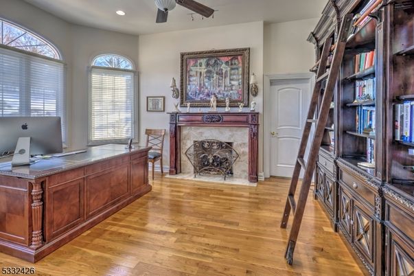 Fireplace, Home Office, Interior, Recessed Lighting, Wood Texture Flooring