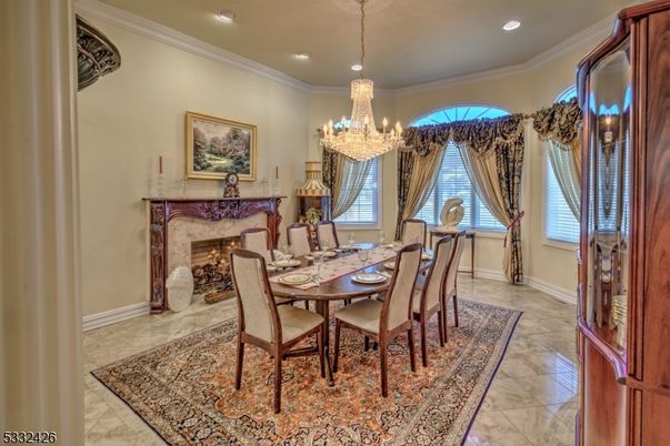 Chandelier, Dining room, Fireplace, Interior, Recessed Lighting