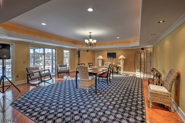 Chandelier, Dining room, Interior, Recessed Lighting, Wood Texture Flooring