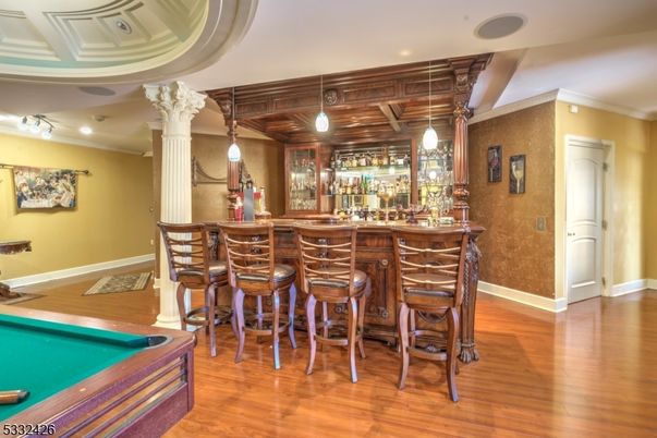 Billiard Table, Game Room, Interior, Pendant Lights, Recessed Lighting, Wood Texture Flooring