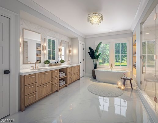 Bathroom, Dual Sink Vanities, Free Standing Baths, Glass Shower, Interior, Marble, Recessed Lighting