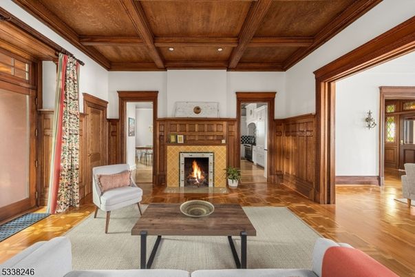 Fireplace, Interior, Living room, Recessed Lighting, Wooden Beams, Wooden Ceilings, Wood Texture Flooring