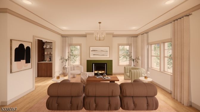 Chandelier, Fireplace, Interior, Living room, Recessed Lighting, Wood Texture Flooring