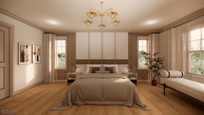 Bedroom, Chandelier, Interior, Recessed Lighting, Wood Texture Flooring