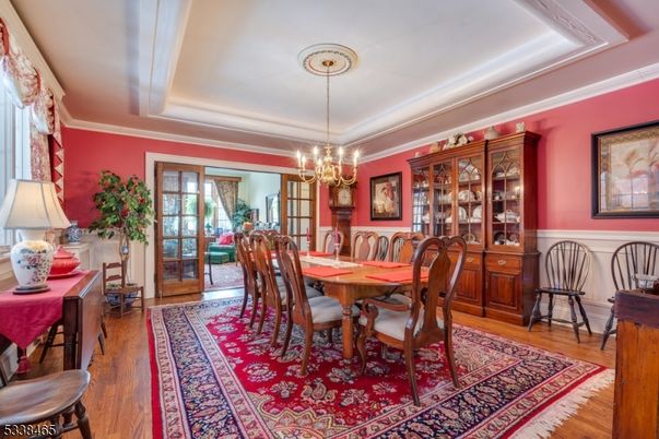 Chandelier, Dining room, Interior, Wood Texture Flooring