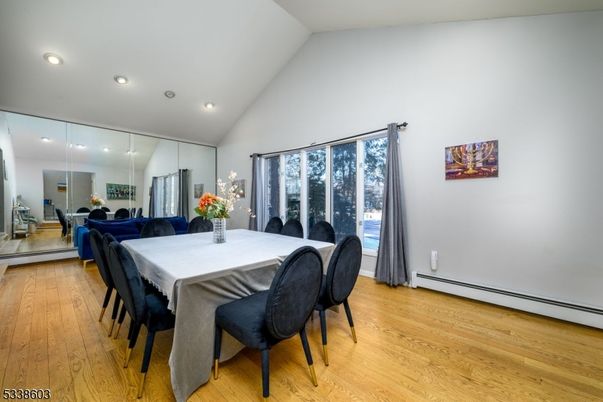 Dining room, Interior, Recessed Lighting, Wood Texture Flooring