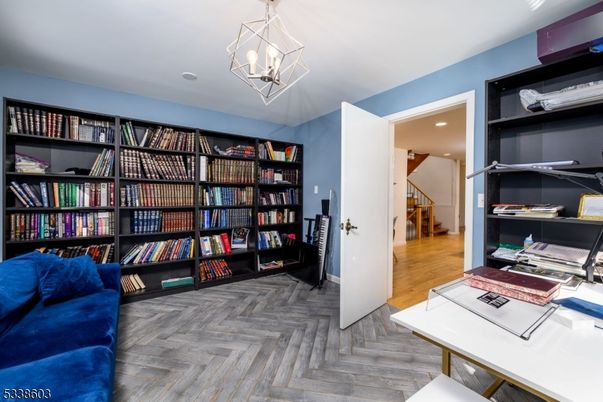 Chandelier, Home Office, Interior, Pendant Lights, Recessed Lighting, Wood Texture Flooring