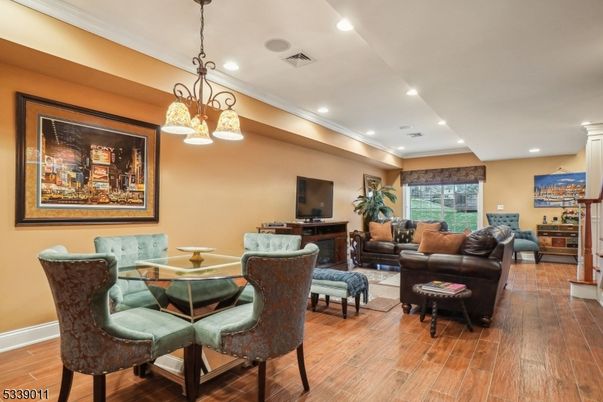 Dining room, Interior, Living room, Pendant Lights, Recessed Lighting, Wood Texture Flooring