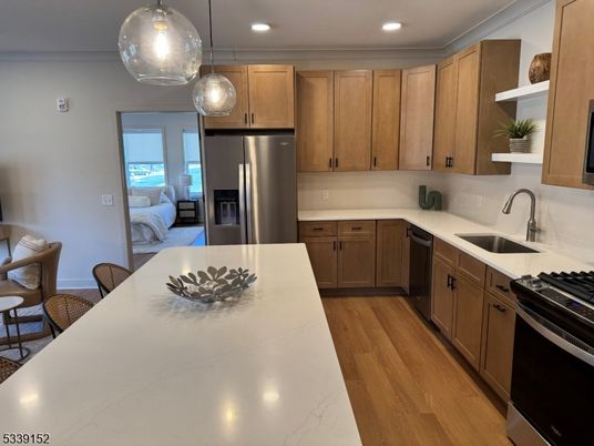 Interior, Kitchen, Pendant Lights, Recessed Lighting, Stainless Steel Appliances, Wood Texture Flooring