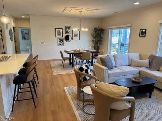 Dining room, Interior, Living room, Pendant Lights, Recessed Lighting, Wood Texture Flooring