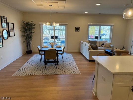 Dining room, Interior, Living room, Pendant Lights, Recessed Lighting, Wood Texture Flooring