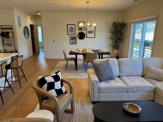 Dining room, Interior, Living room, Pendant Lights, Wood Texture Flooring